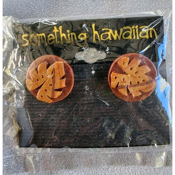NEW Hawaiian Wooden Monsterra Leaf Post Earrings Jewelry Hawaii 1.5" Gift Plants - Picture 1 of 3
